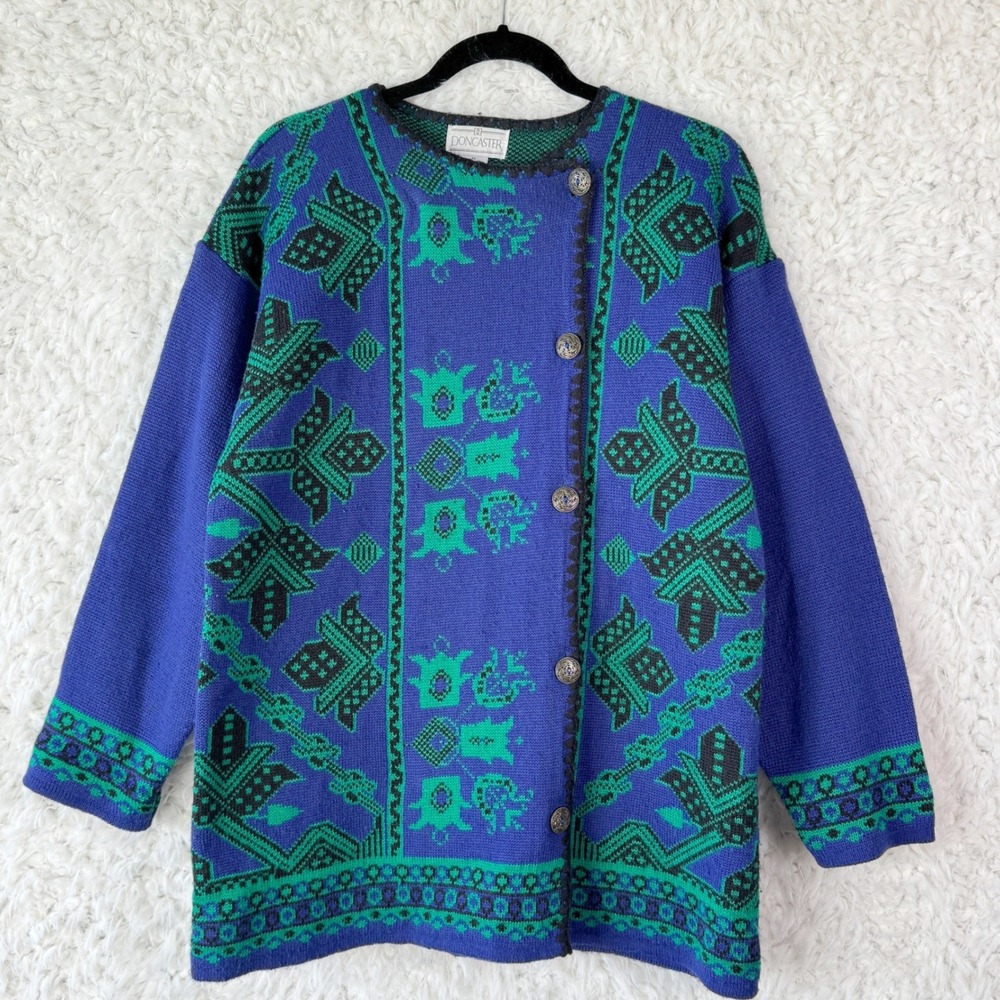 Vtg Womens Size M Blue Green Geometric Knit Wool Blend Cardigan Sweater Retro